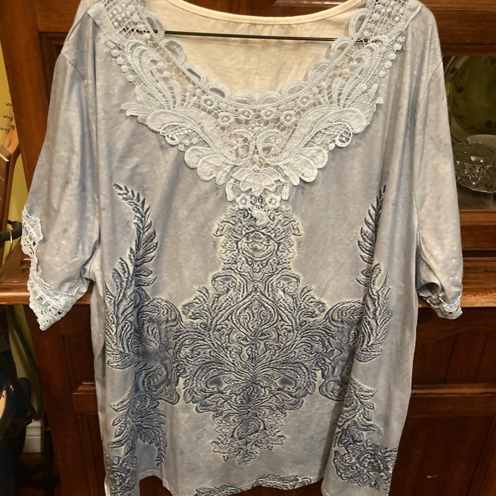 Elegant Lace Embroidered Women's Top - Blue 6XL